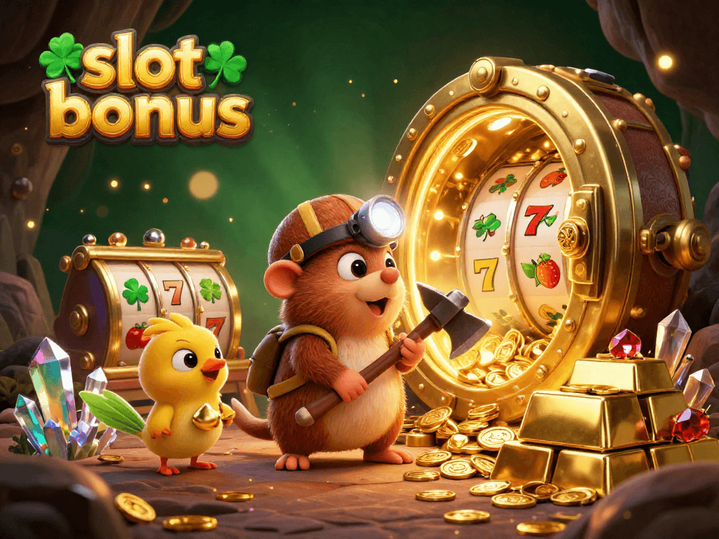 Play exciting slot bonus games with the treasure hunter mole and shimmering gem-filled cave.