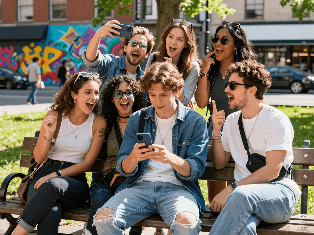 Young adults enjoying a sunny day discussing celebrity look-alikes while taking selfies in an urban park.