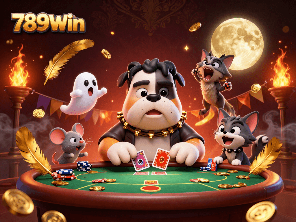 Engage with exciting poker action at 789Win with a cartoon bulldog dealer and ghostly mouse amid golden tokens.