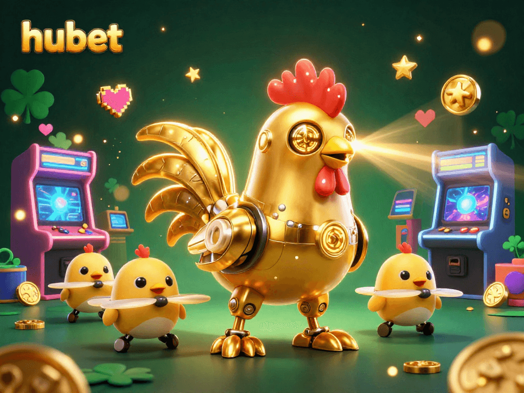 Engage with hubet through an exciting scene of a golden rooster robot surrounded by vibrant casino elements.