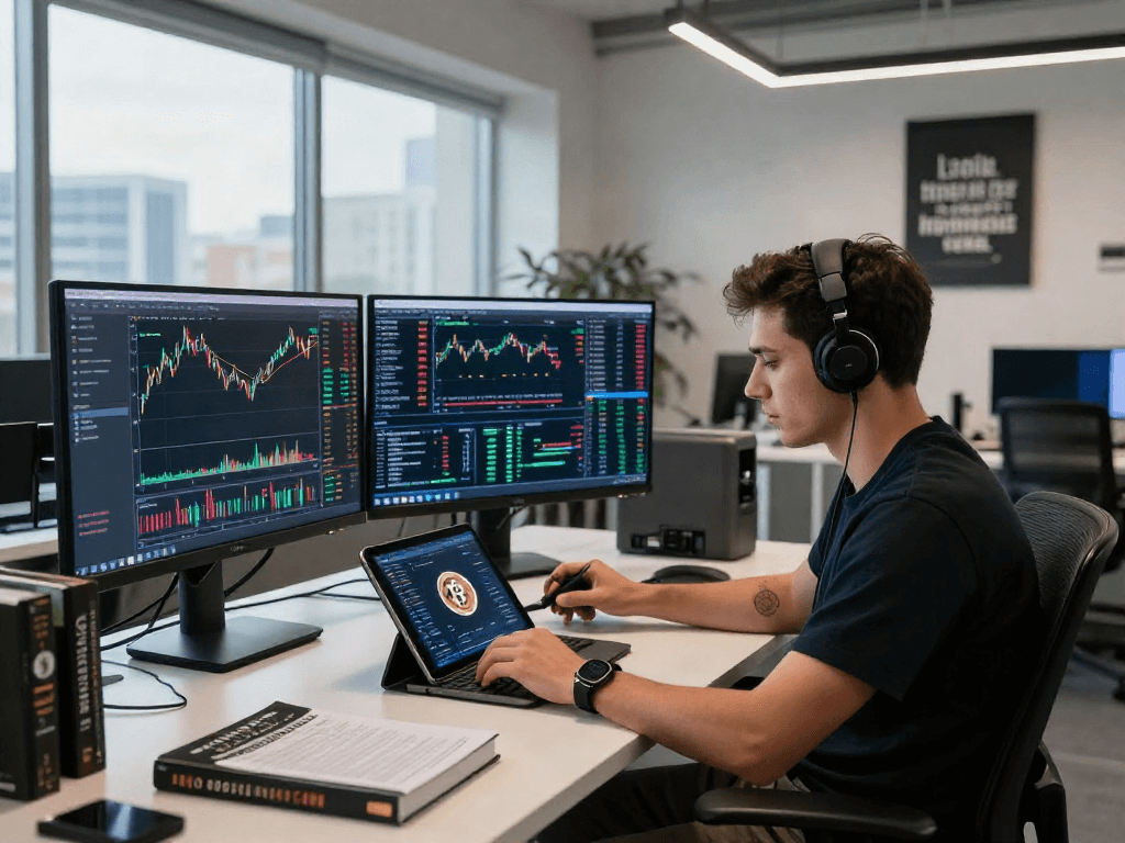 Imagen de un trader comprando bitcoin en un moderno espacio de trabajo, rodeado de pantallas con gráficos del mercado.