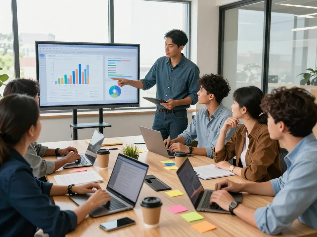 Team collaborating with additional resources in a bright conference room, focused on innovative solutions.