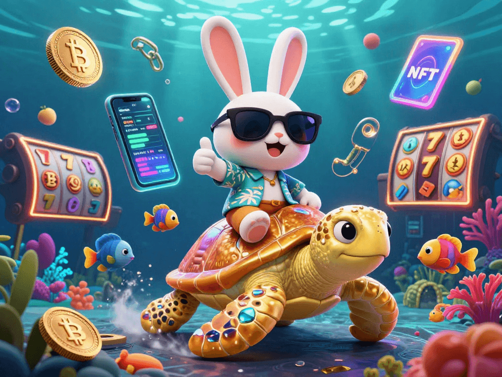 Spin the reels and win big with leaovip, where the lucky rabbit rides a golden turtle amidst tropical treasures.