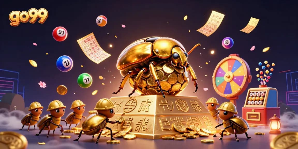 Engage with go99’s vibrant lottery-themed illustration featuring dynamic elements and golden charm.