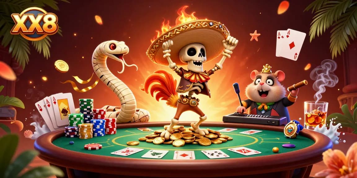 Engage with the vibrant XX8 casino scene featuring a victory dance on golden coins amidst dynamic gaming elements.