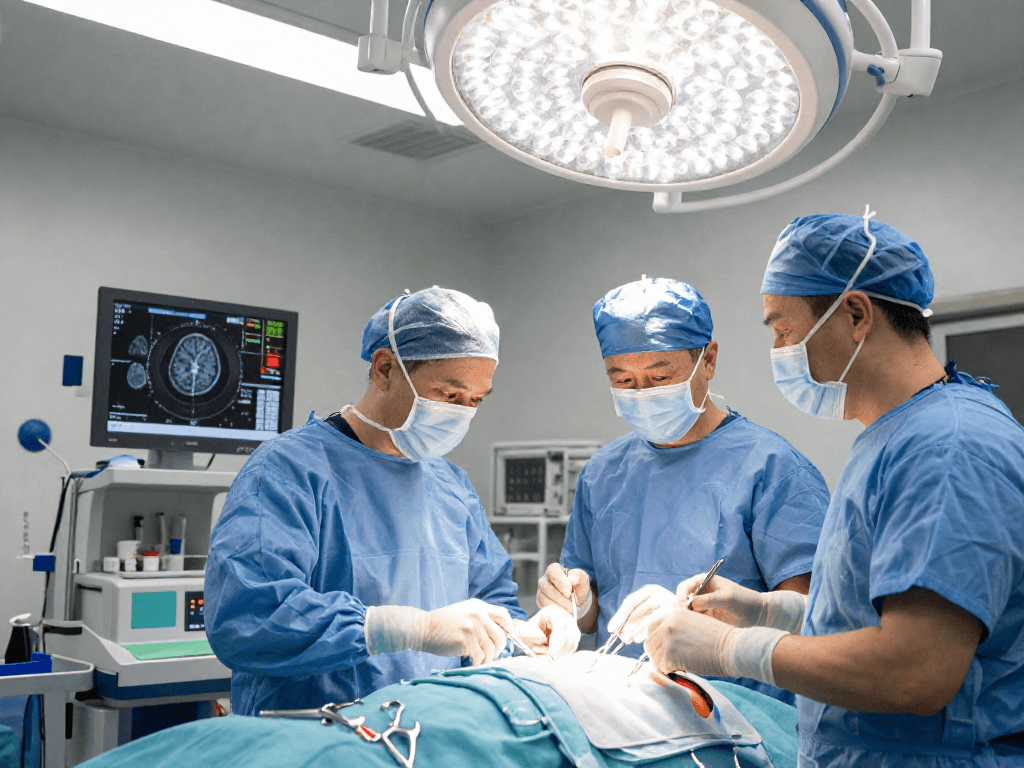Beyin tümörü ameliyatı showcasing a surgical procedure with experienced medical team in action, emphasizing advanced technology and patient care.
