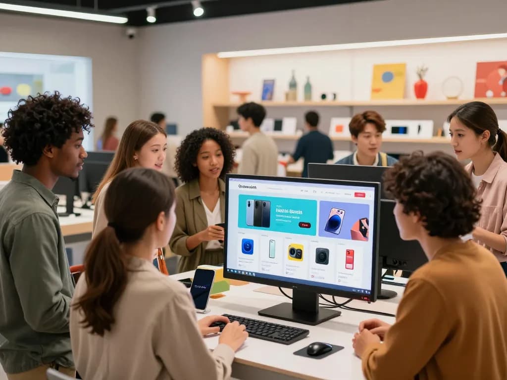 Engaging shoppers exploring promotions at https://hubet88.icu/ during a lively e-commerce event.