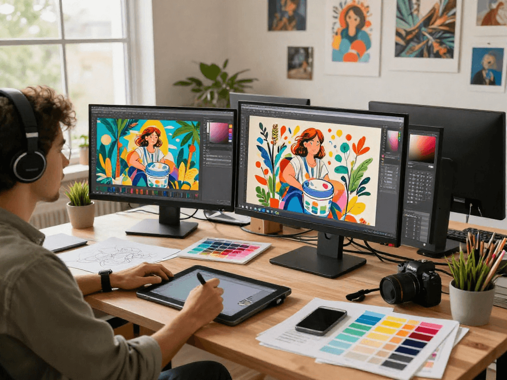 Graphic designer using the paint-bucket tool to fill colors in an illustration, surrounded by a creative workspace.