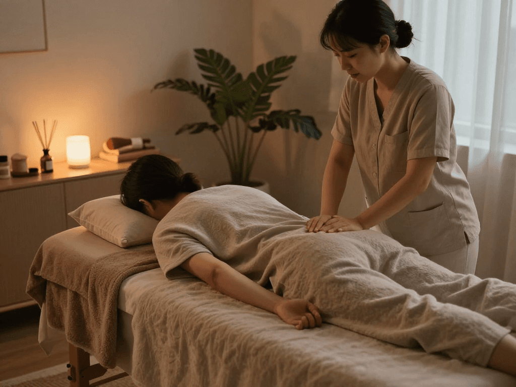 Enjoying a soothing 출장안마 in a serene home environment for ultimate relaxation.