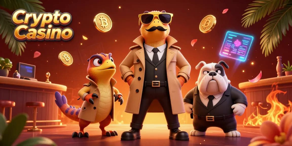 Raptors sneak into a Crypto Casino, showcasing Bitcoin and Ethereum, vibrant details, and playful themed elements.