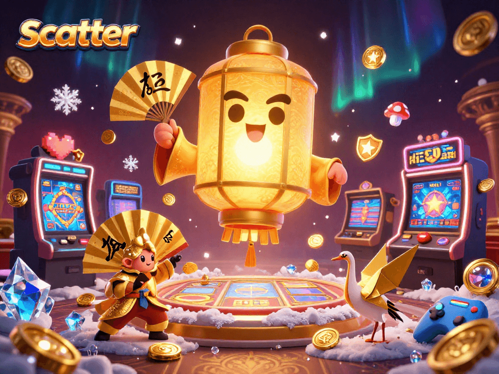 Experience the scatter feature in a vibrant casino scene featuring a golden lantern spirit and colorful slot machines.