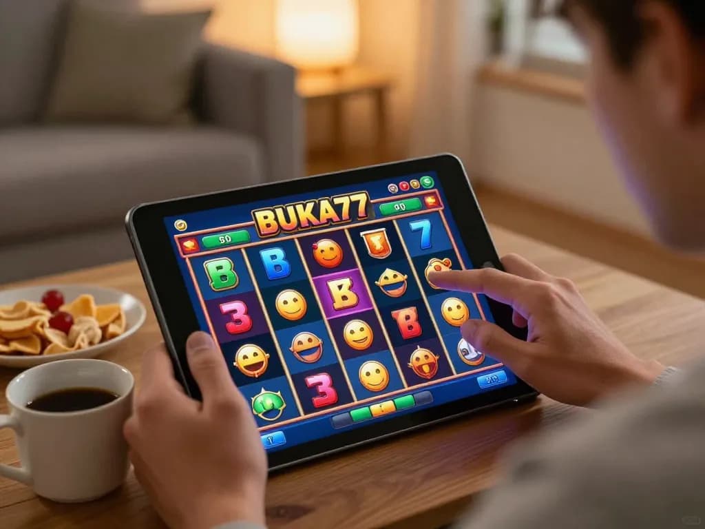Playing the BUKA77 SLOT game on a tablet, showcasing vibrant online gaming action in a cozy setting.