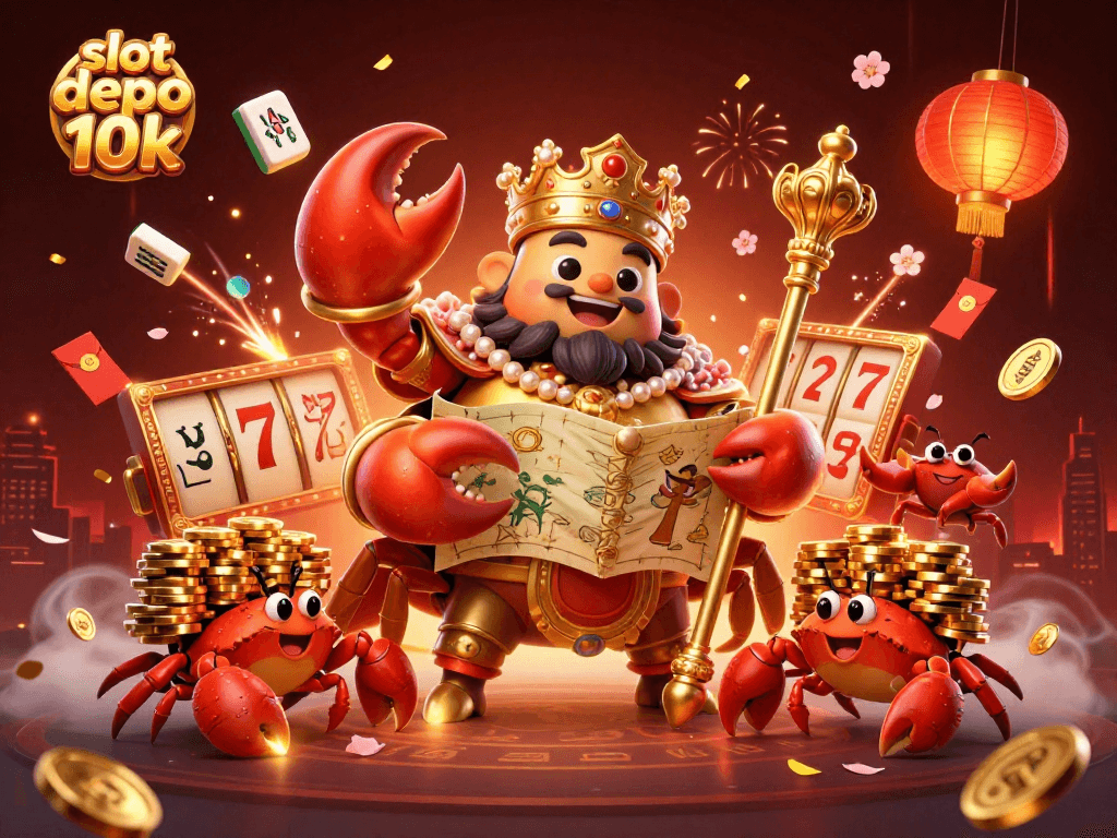 Slot depo 10k mempersembahkan ilustrasi menarik, menampilkan karakter krab emas raksasa yang memegang peta harta, dikelilingi simbol permainan.