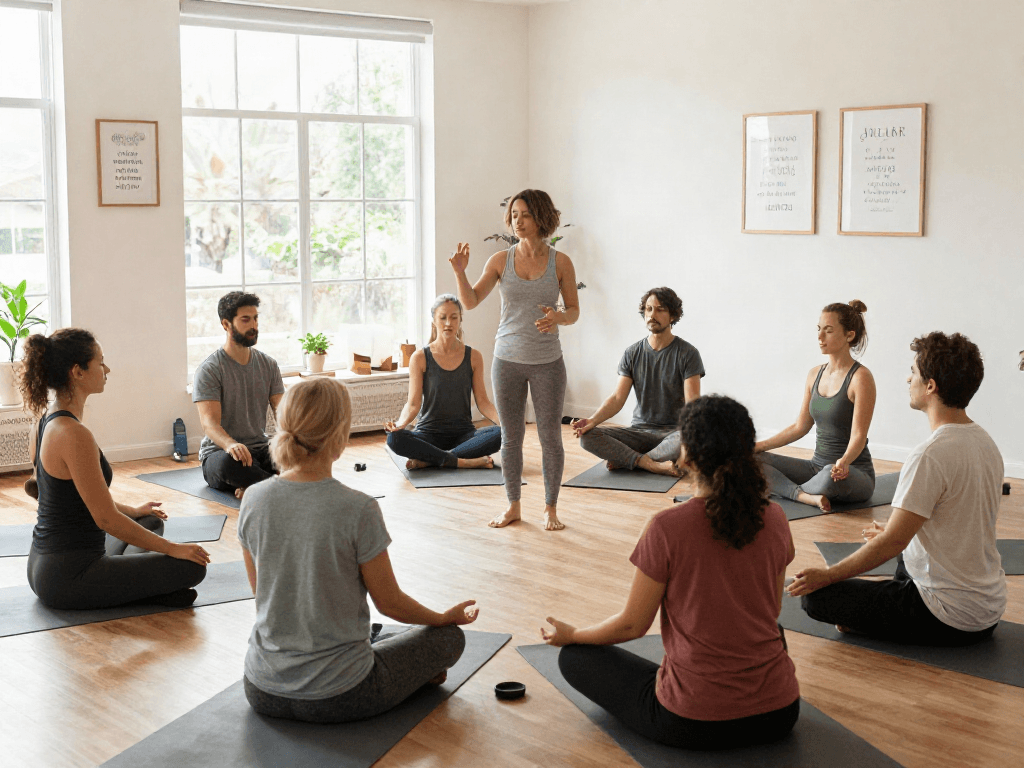 Suasana kelas yoga dengan meditasi bolakami, peserta fokus pada pernapasan di ruangan yang terang.