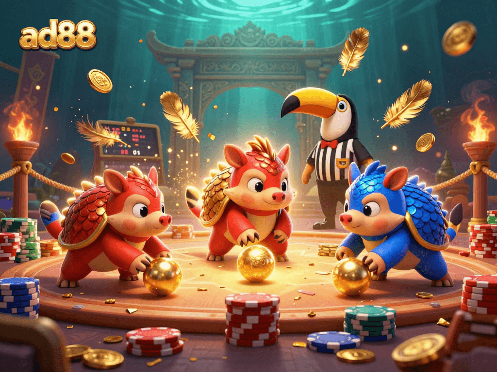 Engaging ad88-themed casino battle scene with vibrant pangolins and cheering toucan referee.