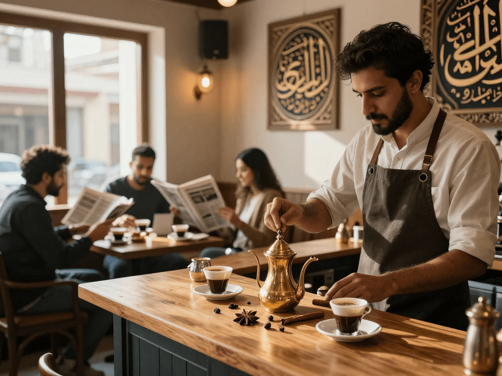 قهوجي وصبابين في مقهى تقليدي يقدم القهوة العربية مع أجواء دافئة