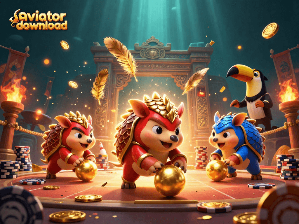 Aviator download showcases a thrilling game scene with competing pangolins and a dynamic casino atmosphere.