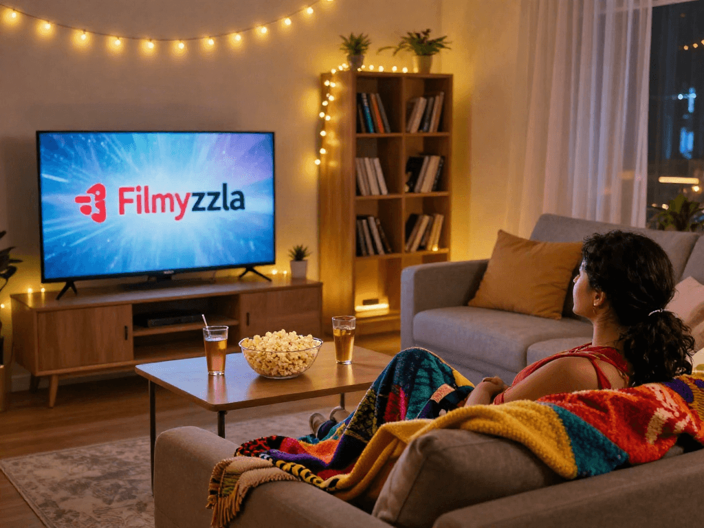 Cozy home theater with Filmyzilla movie on screen, popcorn, warm lighting, and inviting ambiance.