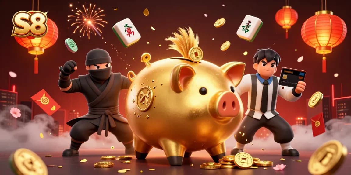 S8 enhances your gaming strategy as the golden piggy bank sumo wrestler interacts with vibrant casino elements.