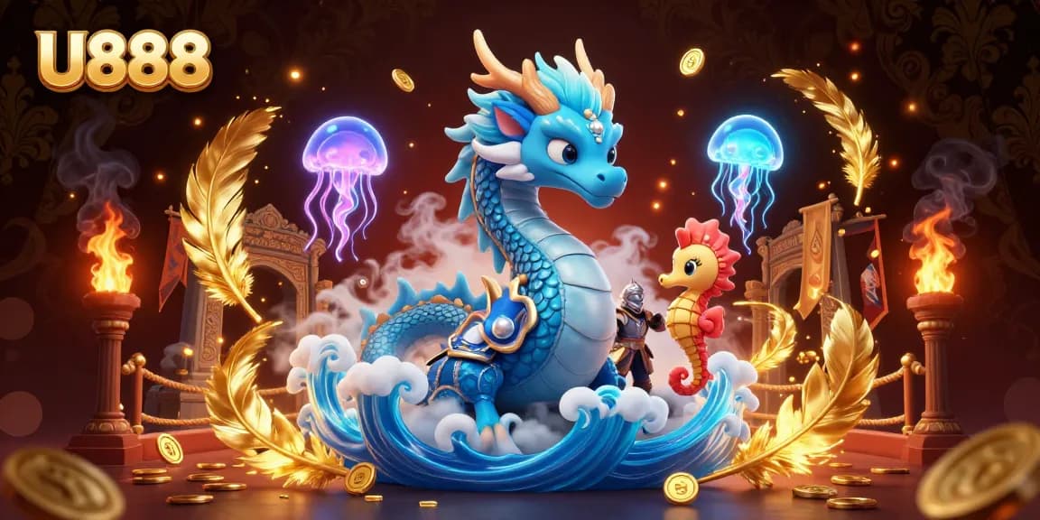 U888 casino illustration featuring a majestic dragon, seahorse knight, and glowing jellyfish in a vibrant scene.