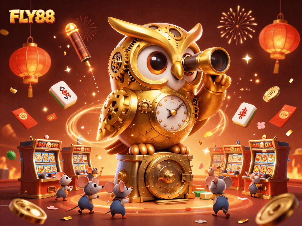 Experience the excitement of FLY88 with vibrant casino elements and a dynamic golden owl illustration.