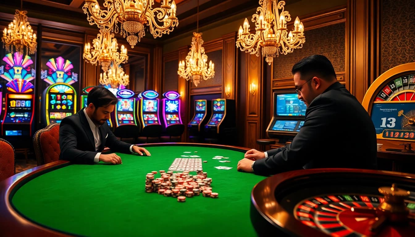 Ambiance de jeu excitante dans un casino en ligne France avec des joueurs de poker et des éléments de jeu vibrants.