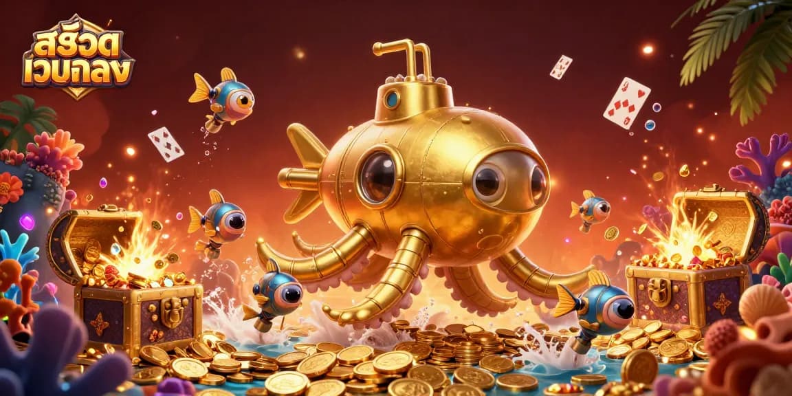 Experience thrilling adventures with สล็อตเว็บตรง featuring a golden kraken and mechanical fish in a dynamic casino scene.