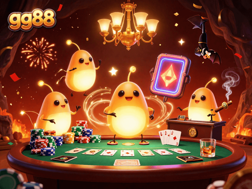 Experience thrilling poker action at gg88's vibrant casino, illuminated by glowing glowworms.