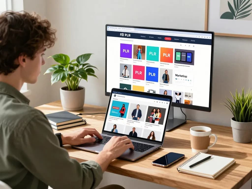 Buy PLR Digital Products in a vibrant e-commerce workspace with laptop and creative materials.