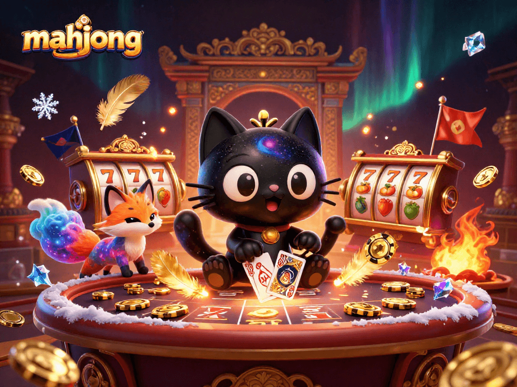 Experience the magic of mahjong in a dynamic casino setting with cosmic characters and vibrant elements.