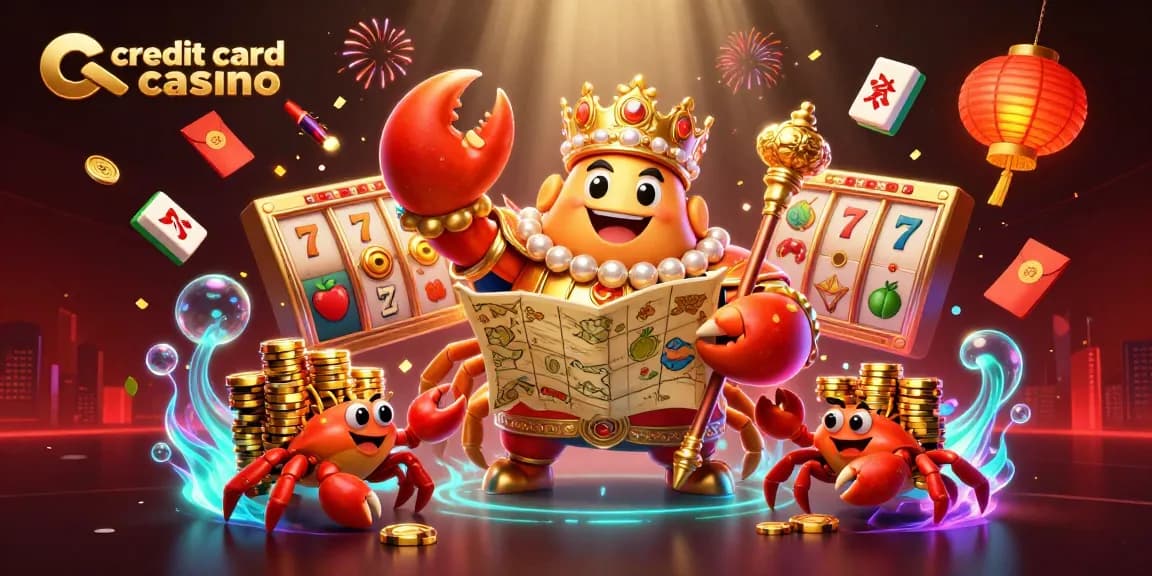 Engage in an exciting credit card casino adventure with vibrant slot elements and a golden crab emperor.