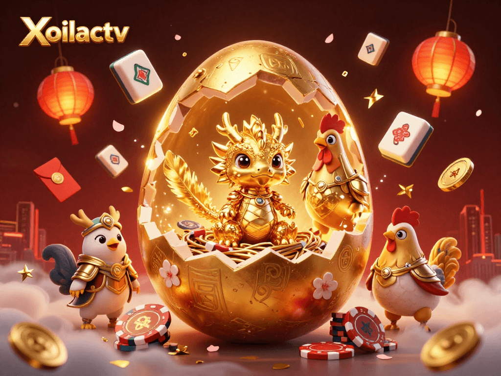 Experience Xoilactv's vibrant 3D casino world with golden dragon and poker chips in action.