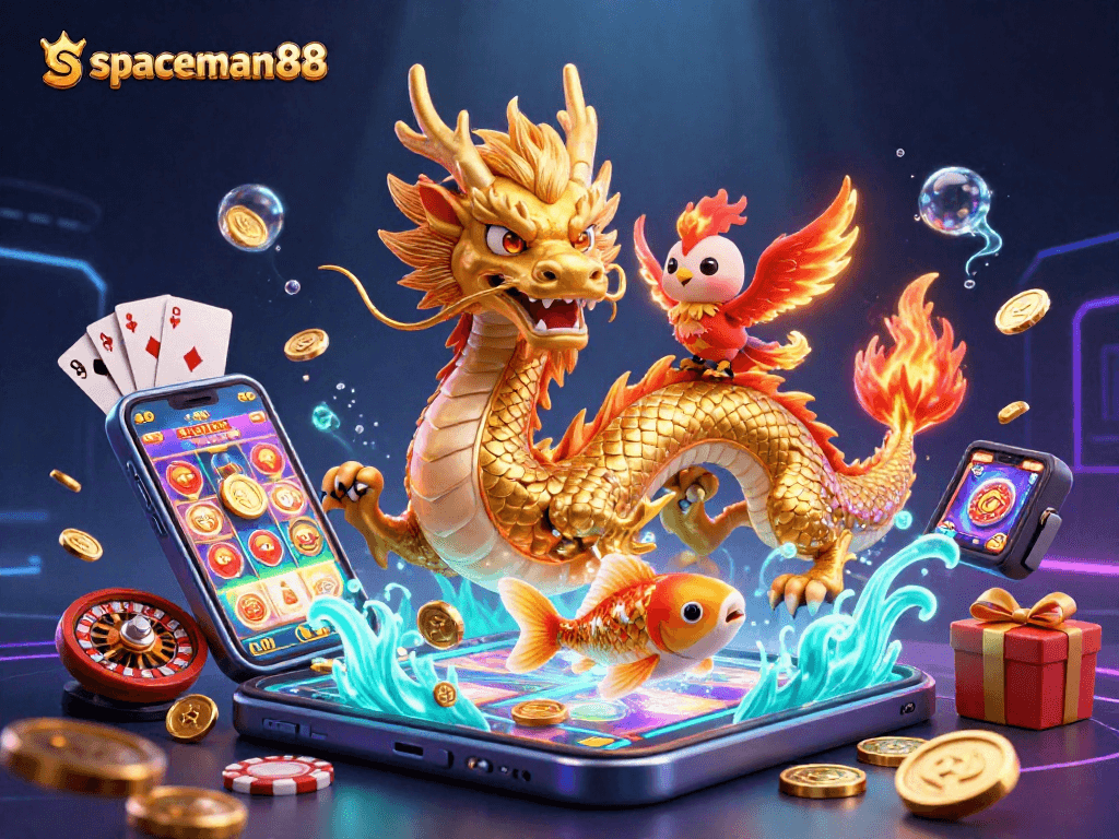 Spin to win with spaceman88: a vibrant 3D scene showcasing dynamic casino elements and lucky symbols.