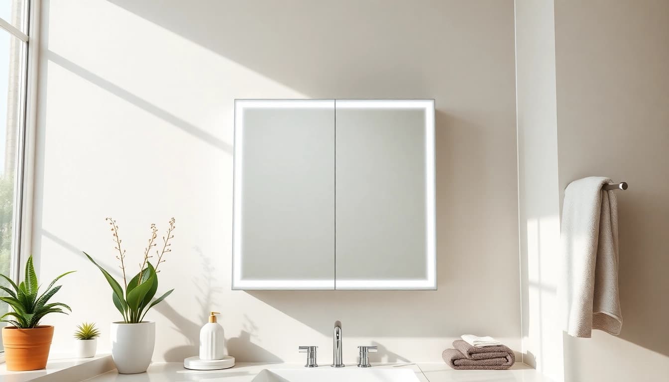 Stylish mirrored bathroom cabinet with light enhancing a modern bathroom decor.