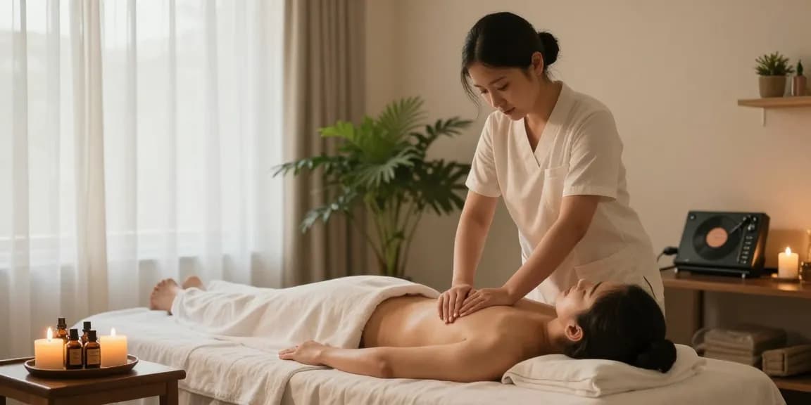 Swedish massage experience with a therapist using soothing techniques in a room filled with candles and plants.