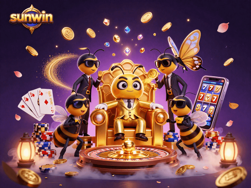Experience Sunwin's vibrant casino scene featuring 3D characters amidst dynamic game elements.