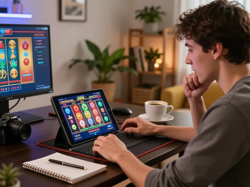 Player enjoying slot gacor hari ini on tablet at home, highlighting online gaming excitement and strategic moments.