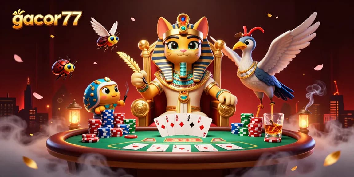 Gacor77 menghadirkan suasana kasino dengan kucing firaun dan juru tulis sambil bermain poker.