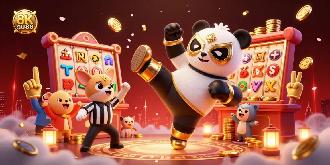 Experience thrilling action at au88 with a panda wrestler kick and lively casino elements.