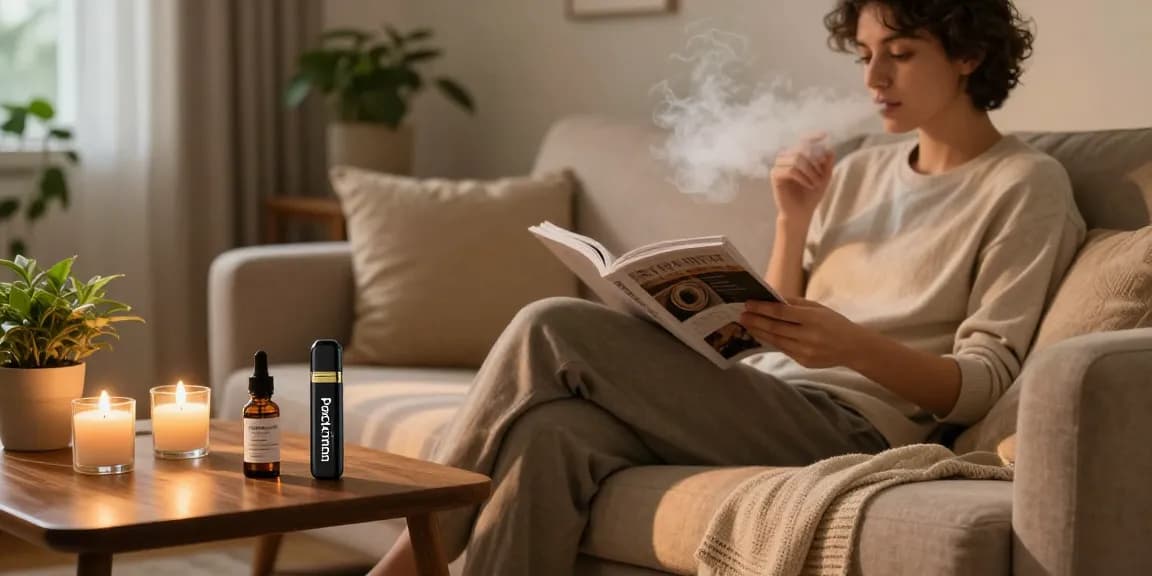 Packman THC vape in a cozy living room setting, promoting natural wellness with CBD products and a calming atmosphere.