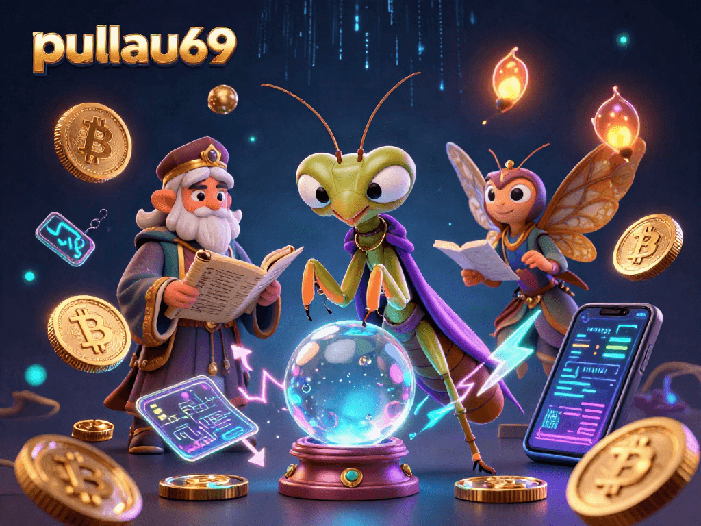 Engage in pulau69 casino adventures with a cartoon mantis fortune teller and mystical elements.