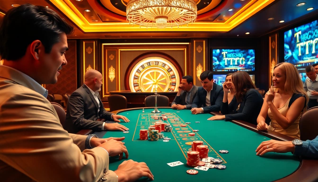 TT88 gaming excitement at a poker table with vibrant chips and engaging players.