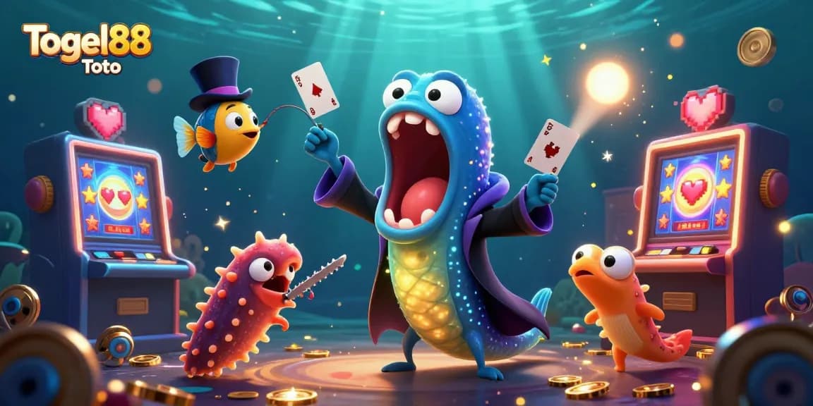 Experience thrilling fun with Togel88 Toto as colorful characters entertain around vibrant slot machines.