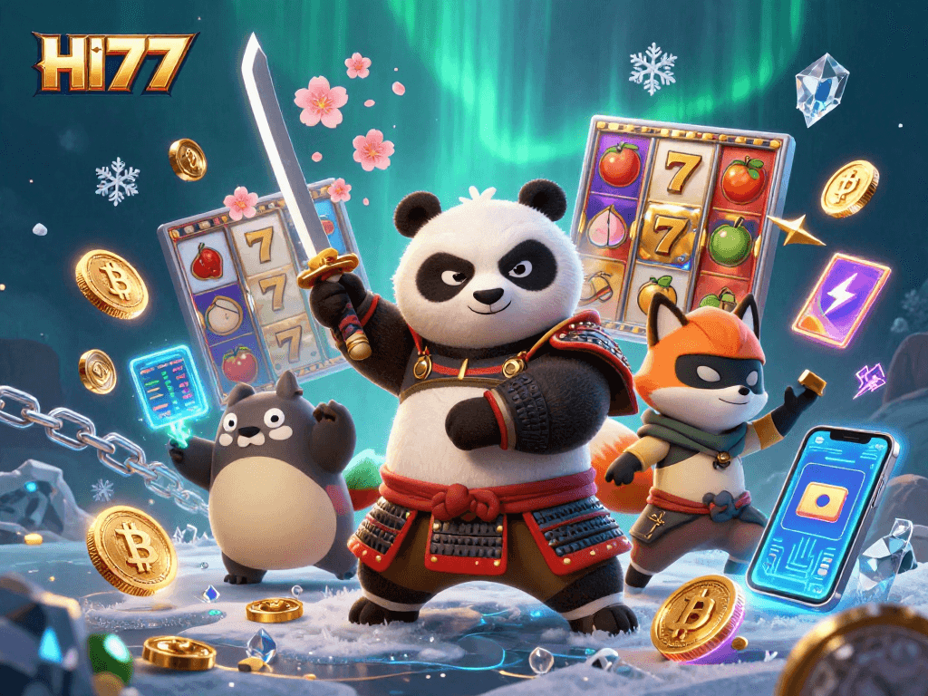 Experience thrilling gameplay at HI77 with a samurai panda and ninja fox amidst vibrant slot reels.