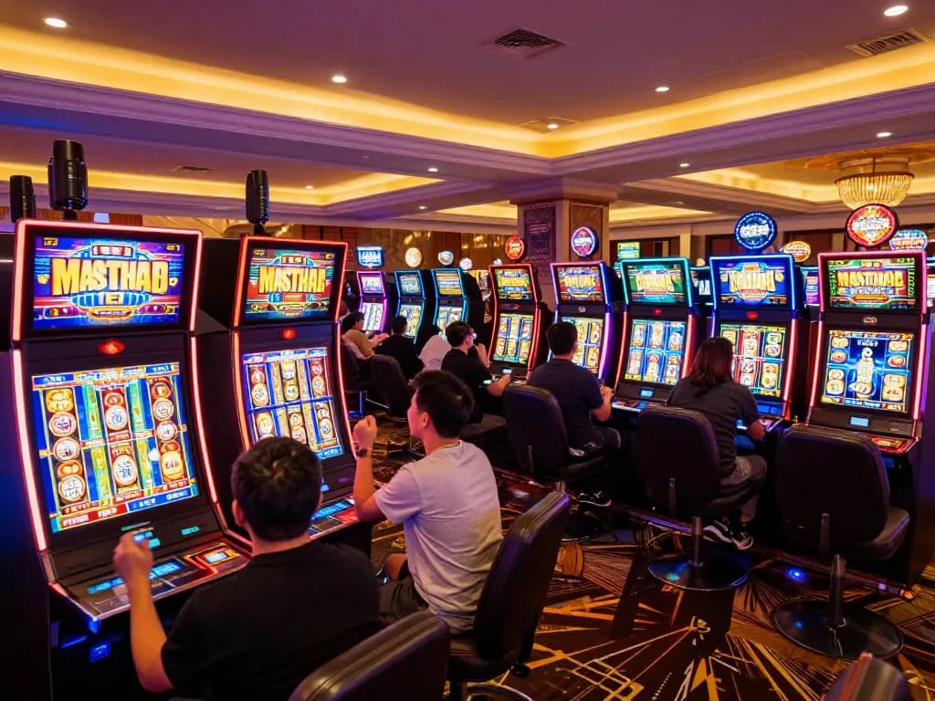 Players enjoying the thrill of slot77 machines in a lively casino atmosphere, celebrating wins amid colorful displays.