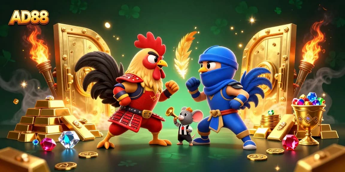 Engage in a thrilling duel of courage in AD88's casino world with vibrant rooster combat.