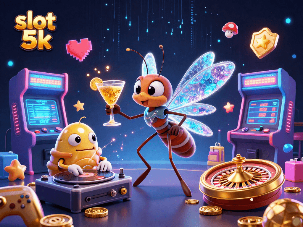 Experience thrill with slot 5k as a cartoon mosquito mascot & trilobite DJ amidst vibrant casino elements.