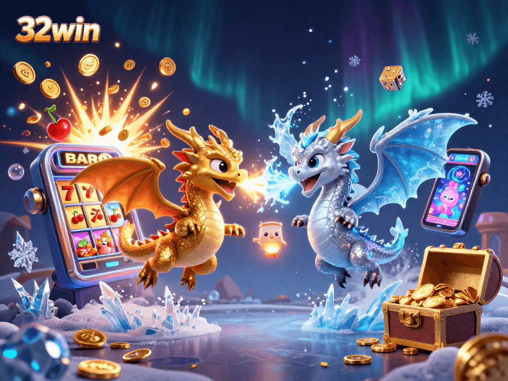 Experience excitement with 32win's jackpot, featuring dazzling dragons and casino elements.