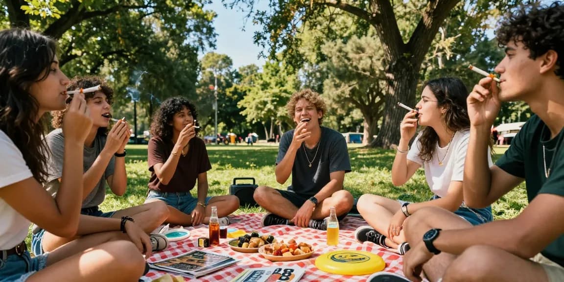 Friends enjoying rokok88 cigarettes at a sunny outdoor gathering with snacks and laughter.