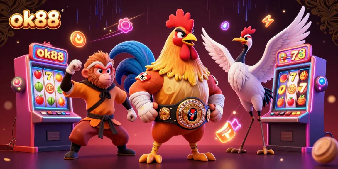 Experience ok88's vibrant cockfighting-themed gaming scene with colorful slot machines.